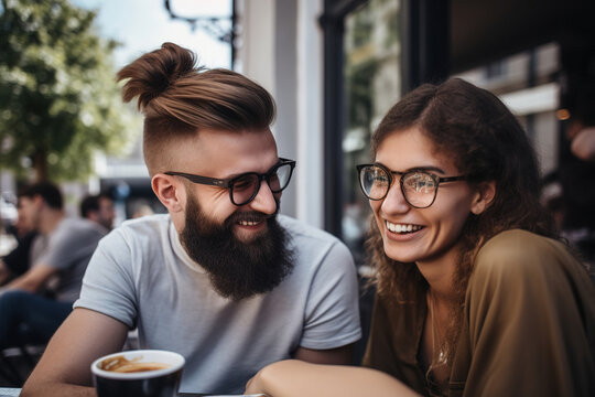 Young attractive couple have a rest outdoor terrace in coffee shop. Generative ai