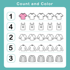 Count and color educational children activity with cute shirts. Mathematics worksheet for kids. Math activities for toddlers to practice early math concepts.
