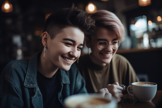 Young attractive LGBT Lesbian couple have a rest in cozy loft coffee shop. Generative ai