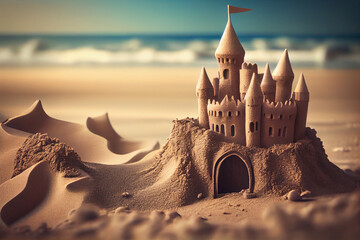Sand castle with towers on the beach. AI generated.