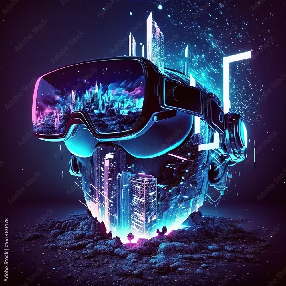 Poster vr virtual reality goggles and metaverse technology on global networking connect and create environm