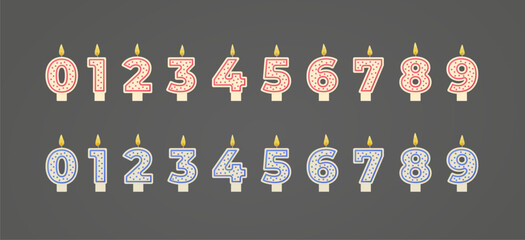 Birthday candles numbers for holiday cake decoration. Outline blue and red candle numbers burning isolated on grey background. Anniversary celebration party decor elements. Flat realistic vector