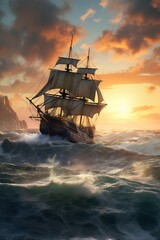 Obraz premium large wooden ship with sails in a stormy sea with big waves, far away on the background of rocks, sunset. Generative Ai