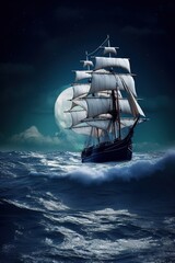 A large wooden ship with sails in a stormy sea with big waves, far away against the background of rocks and a full moon. Generative Ai