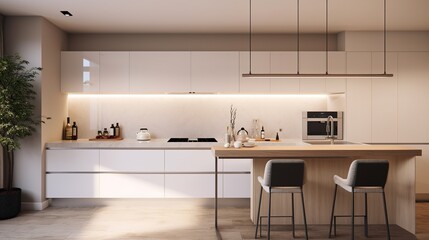 Kitchen interior design. A modern minimalist kitchen with clean lines and white cabinets. Generative Ai