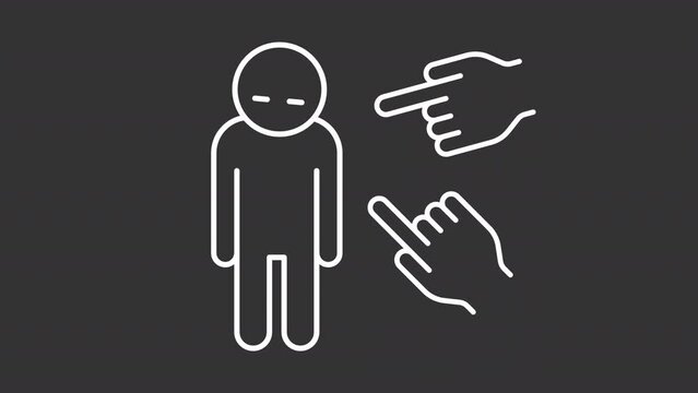 Bullying white linear animation. Fingers pointing to guilt kid. Child abuse. Loop HD video with chroma key, alpha channel on transparent background, black solid background. Animated outline icon