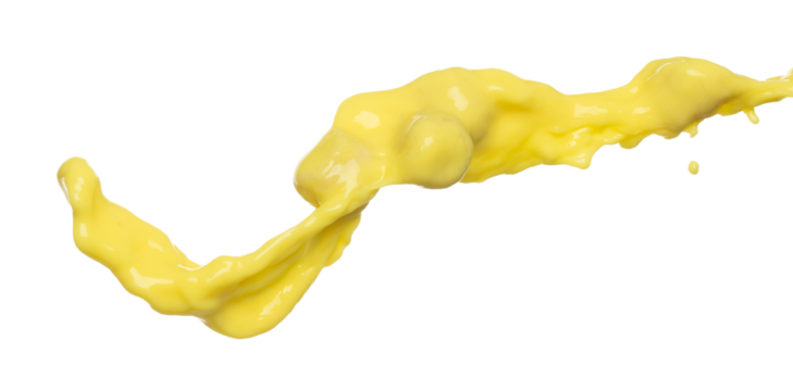 Banana juice flying fall down, yellow banana chopped slice juice wave explode. Yellow paint color splash throwing in Air. White background Isolated high speed shutter, throwing freeze stop motion