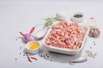 Raw minced meat, spices and herbs. Traditional ingredients for cooking cutlets or meatballs