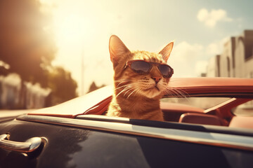 Funny red cat in glasses in a convertible on a sunny day, a pet riding a car. Generative AI - obrazy, fototapety, plakaty