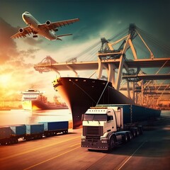 Cargo ship in the port.Transportation and logistics of cargo planes and ships using truck containers.  generative ai