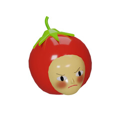 3D cute tomato is angry red cheeks and green stems isolated on a white background. 3d rendering