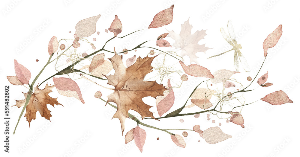 Wall mural watercolor floral greenery arrangement. red, burgundy, brown autumn wild branches, maple leaves and 