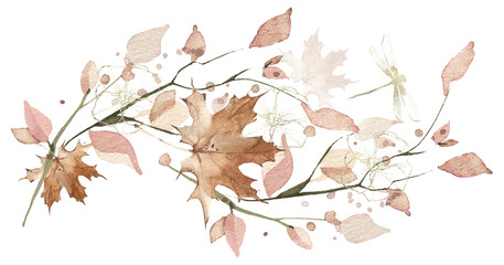 Watercolor floral greenery arrangement. Red, burgundy, brown autumn wild branches, maple leaves and twigs. Cut out hand drawn PNG illustration on transparent background. Isolated clipart.