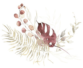 Watercolor floral arrangement. Burgundy and golden dust autumn and exotic dry eucalyptus, palm branch, monstera leaves. Cut out hand drawn PNG illustration on transparent background. Isolated clipart. © satika