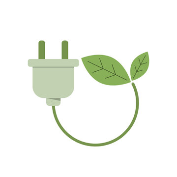Vector illustration of electric cable with plug and green leaves. Icon symbol for alternative energy sources sustainable living environment friendly technology concept
