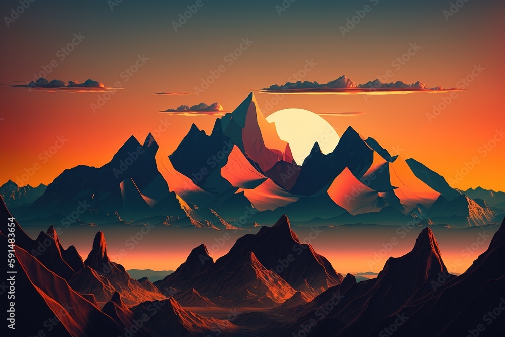 Poster horizontal mountain range with a glowing evening sky generative ai