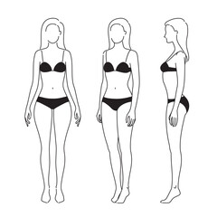 Woman body. Full-length standing portrait. Set of body-positive female. Five angles figure front, 3 of 4, side views shape. Vector fashion silhouette outline line illustration