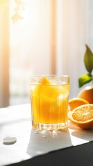 Fototapeta premium Glass of homemade orange juice on the table. Generative AI.