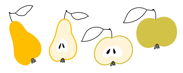 Set of apples and pears. Vector illustration with whole and halves of fruits