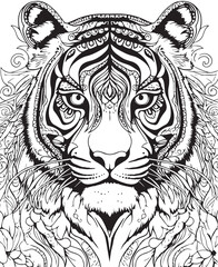 Hand drawn vector coloring page of tiger portrait. Coloring page for kids and adults. Print design, t-shirt design, tattoo design, mural art.