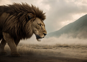 Powerful lion in the burning smoky savannah, in ruins. Generated by neural model - 591484023