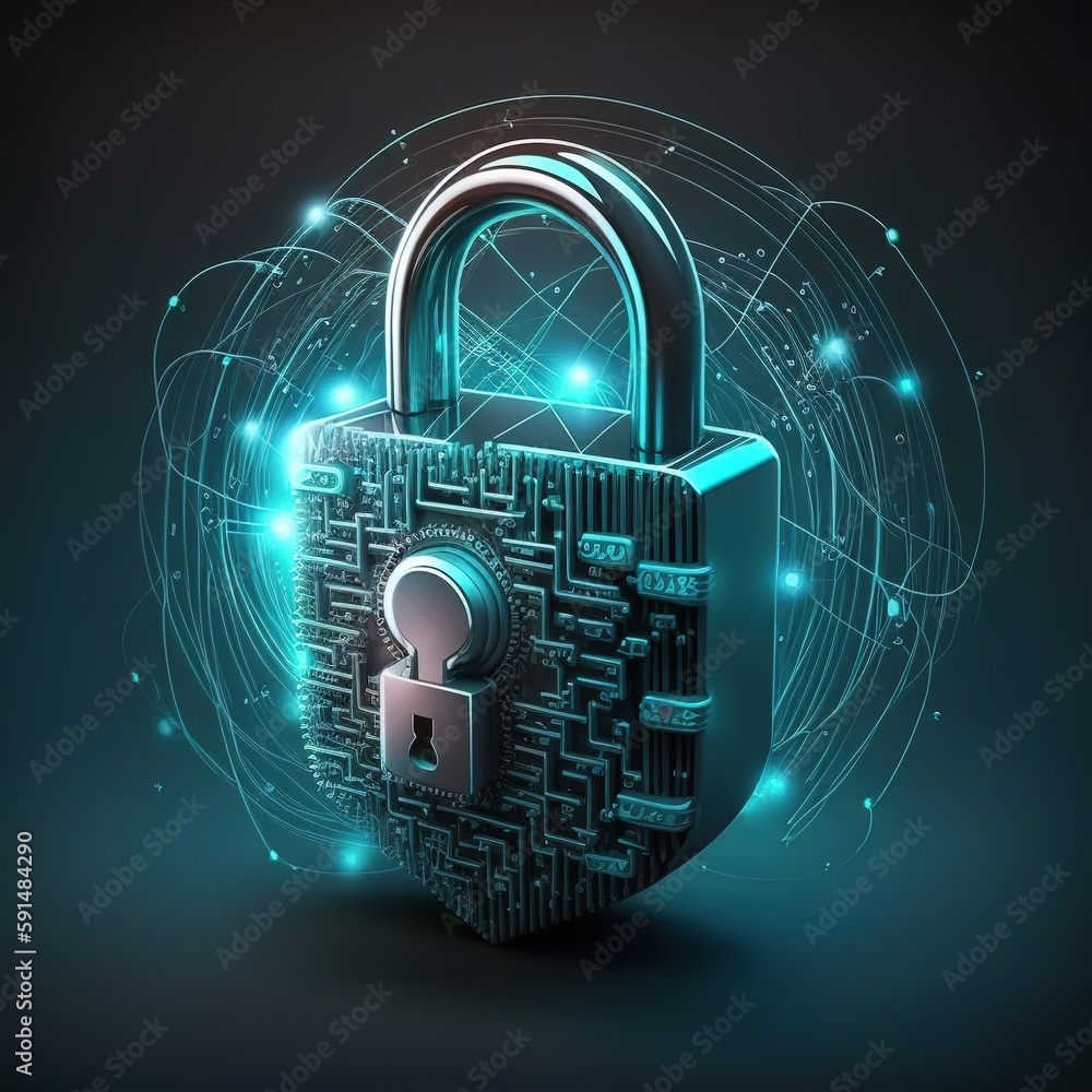 Poster network of cyber security. the padlock icon is associated with worldwide internet technology network