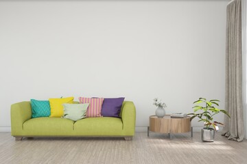 White living room with sofa. Scandinavian interior design. 3D illustration