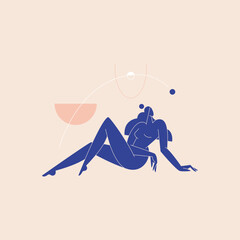 Contemporary woman silhouette vector illustration. Nude female body, mid century colored feminine figure, geometric shape abstract composition. Beauty, body care concept for logo, branding. Modern art