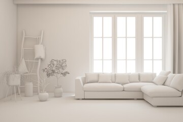 White living room concept with sofa. 3D illustration