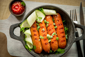 chicken or pork sausages served for meal, bbq or grilled. High quality photo