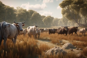 A detailed illustration of a herd of grazing animals, Generative AI