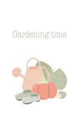 Obraz premium Gardening tools watering can pumpkin and leaves