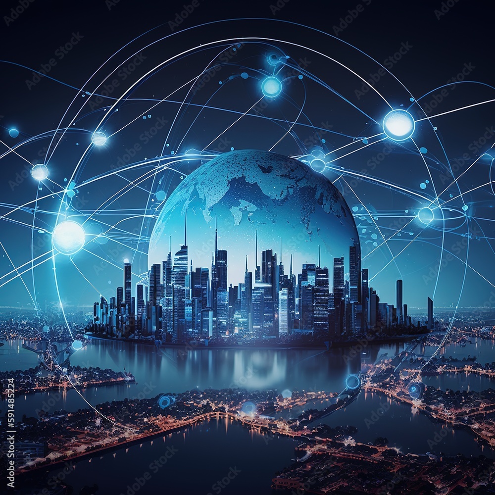 Poster city skyline at night, worldwide digital network and client data link technology social networks and