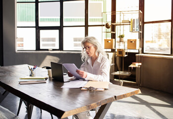 Businesswoman Working At Laptop Reading Business Papers In Office