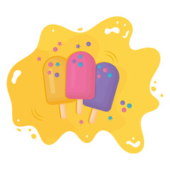 fruit ice, ice-cream yellow, pink, violet colors with  sprinkles and syrup