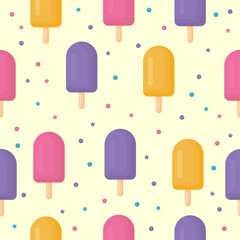Seamless pattern pink, yellow, blue, violet fruit ice with sprinkles on background
