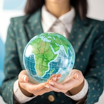 Business Woman Holding Globe, Green Energy, Environmental Protection