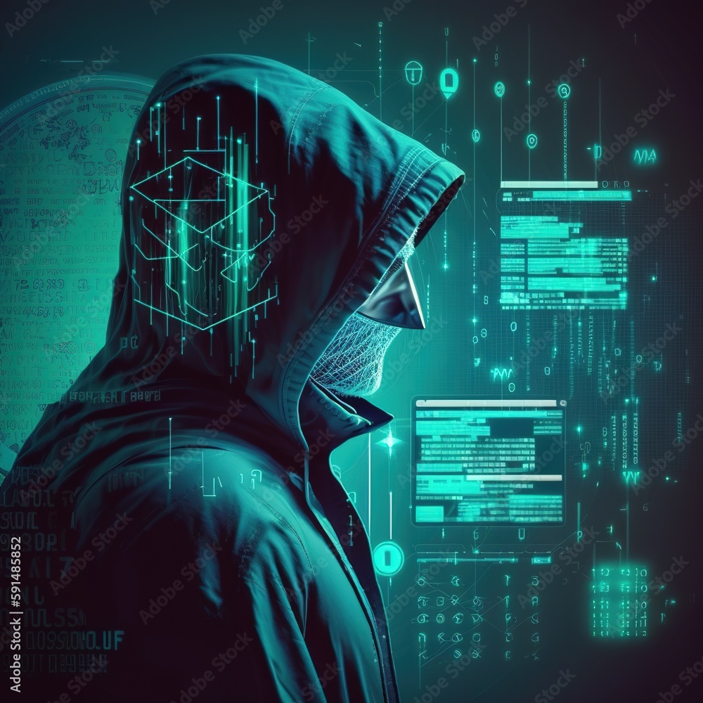 Poster hacker breaches a security network system, taking personal and financial information from users. an 