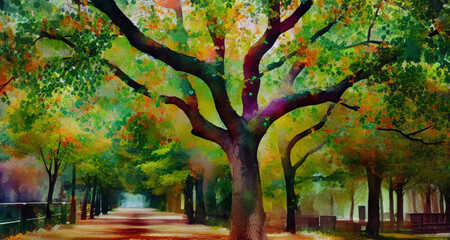 Autumn In A Park With Paths And Benches Eco Earth Day Concept - obrazy, fototapety, plakaty