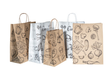 Recyclable craft paper bag for purchases, gifts and takeaway food mock up on white background....