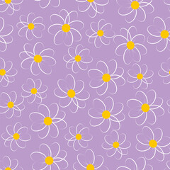 Vector seamless floral pattern with white chamomiles on purple background in cartoon style. Vector floral background with daisy flowers for summer design