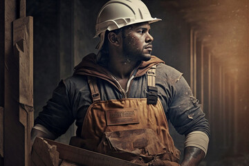 Fototapeta premium Construction worker with helmet, generative AI