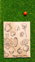 a paper bag lies on the green grass with fruits and vegetables around, moss, mock up