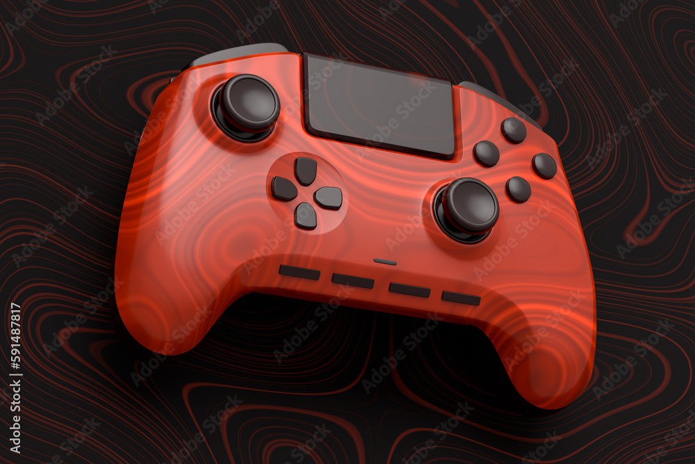 Poster realistic video game joystick with seamless wavy pattern on dark background