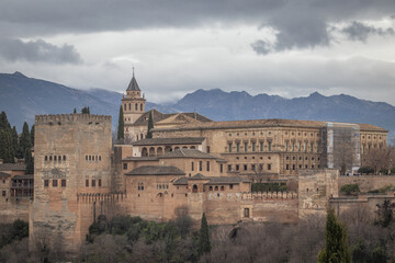 View of the Alhambra from Mirador de San Nicolas. Granada, Andalusia, Spain. Islamic Moorish architecture.
