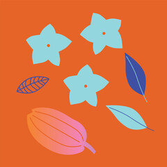 Appetizing fruit and berries collection. Decorative abstract horizontal banner with colorful doodles. Hand-drawn modern illustrations with fruit and berries, abstract elements. Abstract series