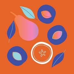 Appetizing fruit and berries collection. Decorative abstract horizontal banner with colorful doodles. Hand-drawn modern illustrations with fruit and berries, abstract elements. Abstract series