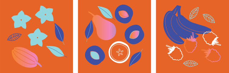 Appetizing fruit and berries collection. Decorative abstract horizontal banner with colorful doodles. Hand-drawn modern illustrations with fruit and berries, abstract elements. Abstract series