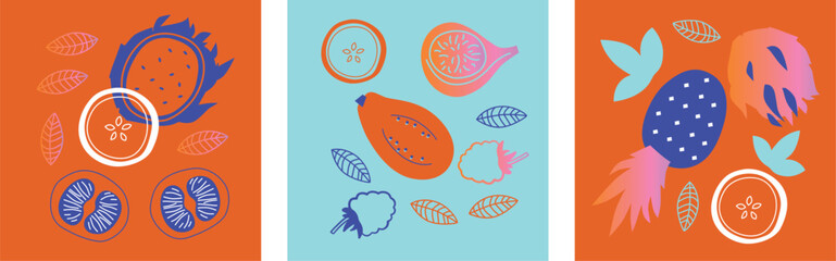 Appetizing fruit and berries collection. Decorative abstract horizontal banner with colorful doodles. Hand-drawn modern illustrations with fruit and berries, abstract elements. Abstract series