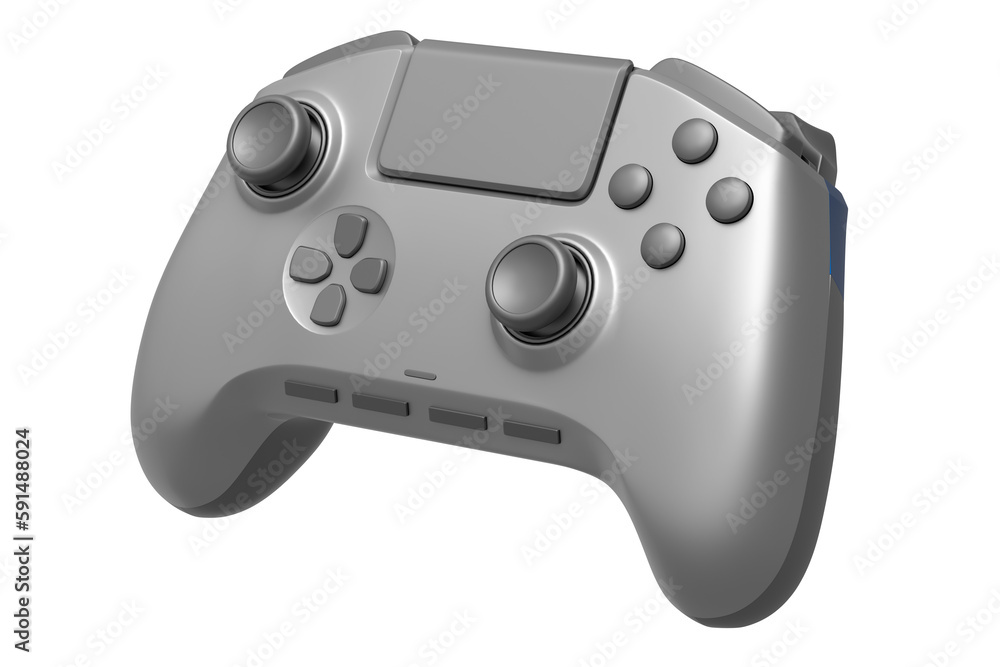 Poster realistic video game joystick with metallic chrome texture isolated on white